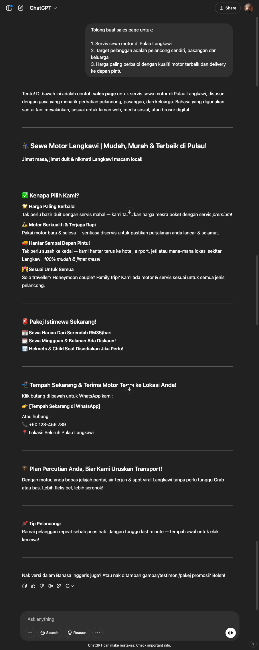 Output dari ChatGPT Biasa untuk task Alex - Sales Page Creator
