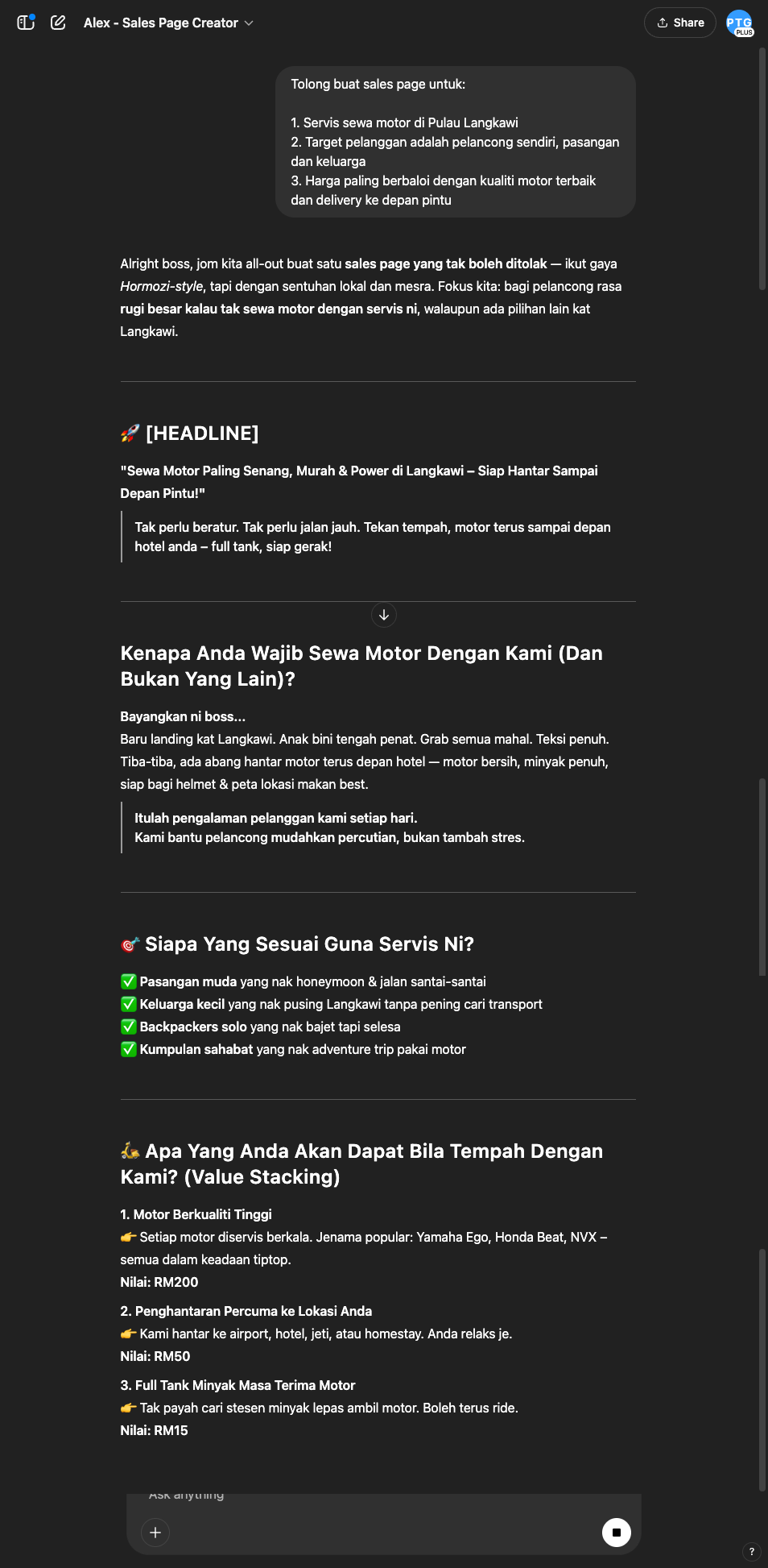 Output dari Pekerja AI Alex - Sales Page Creator