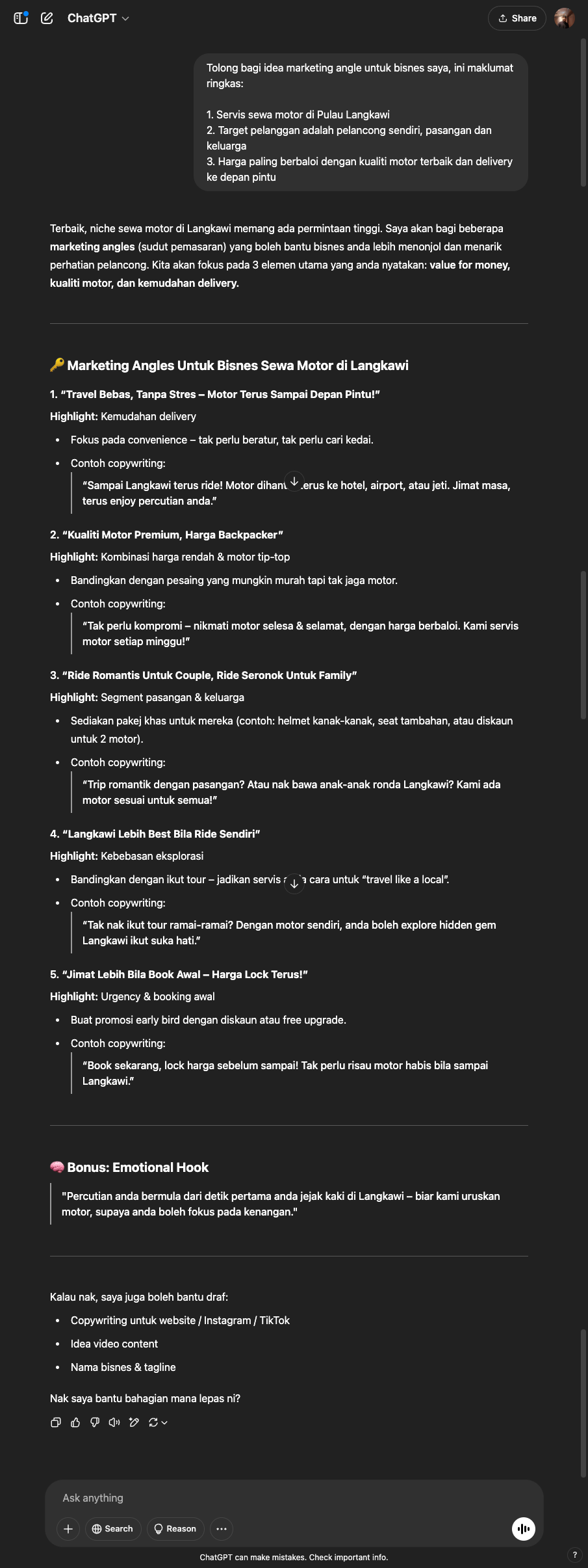 Output dari ChatGPT Biasa untuk task Ali - Marketing Angle