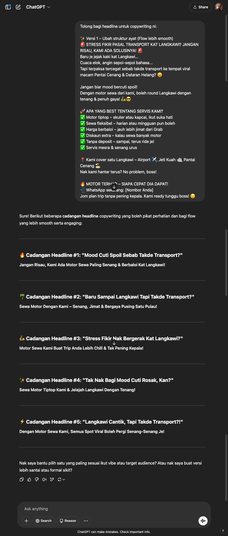 Output dari ChatGPT Biasa untuk task Alia - Headline Brainstormer