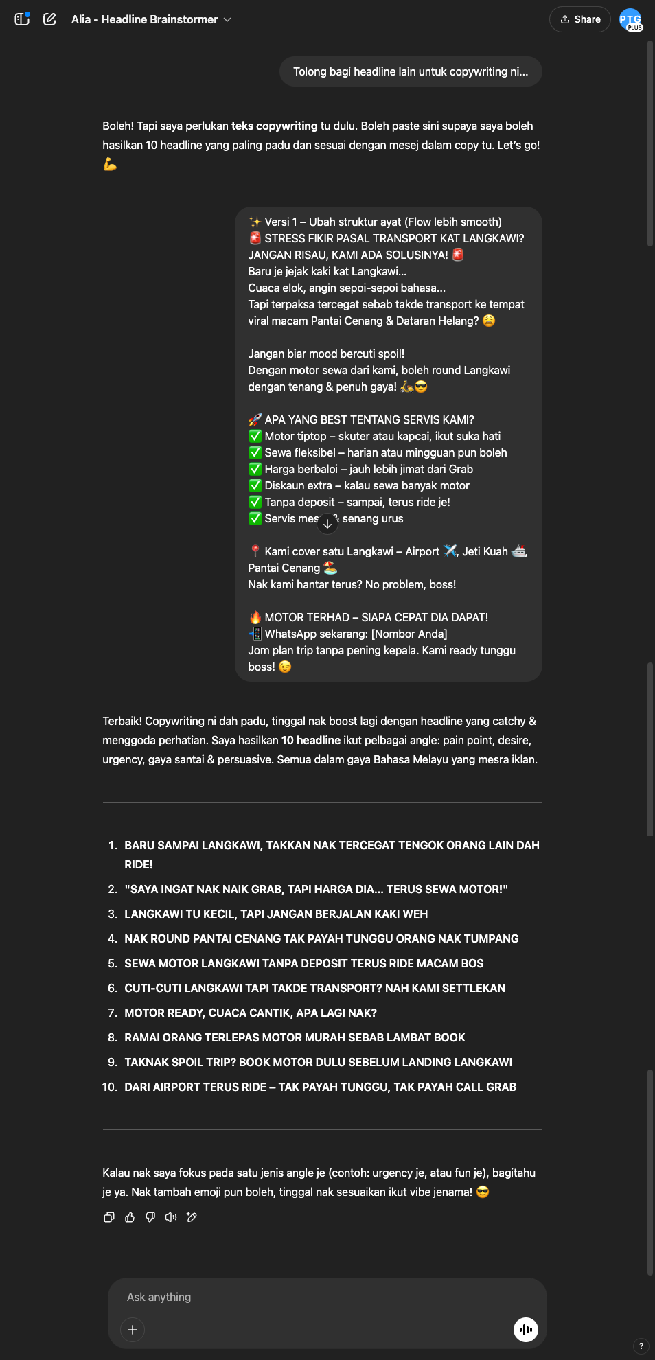 Output dari Pekerja AI Alia - Headline Brainstormer