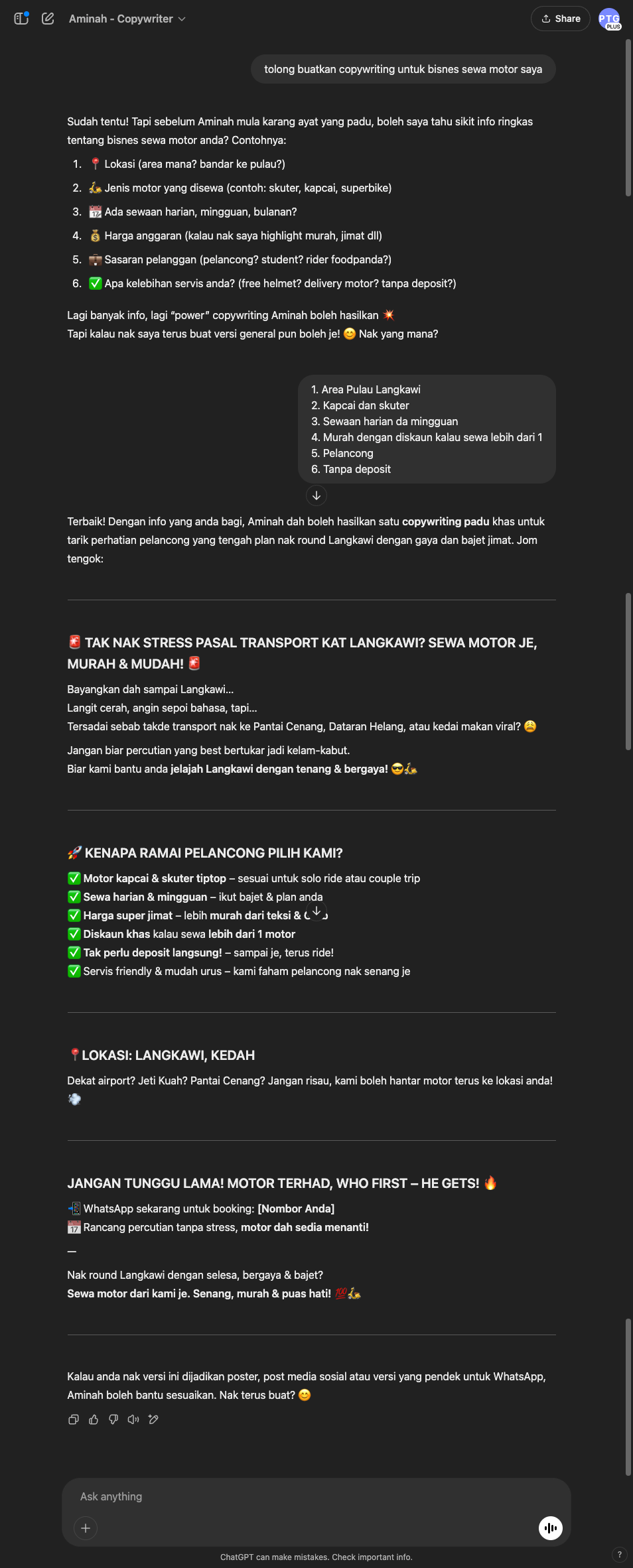Output dari Pekerja AI Aminah - Copywriter