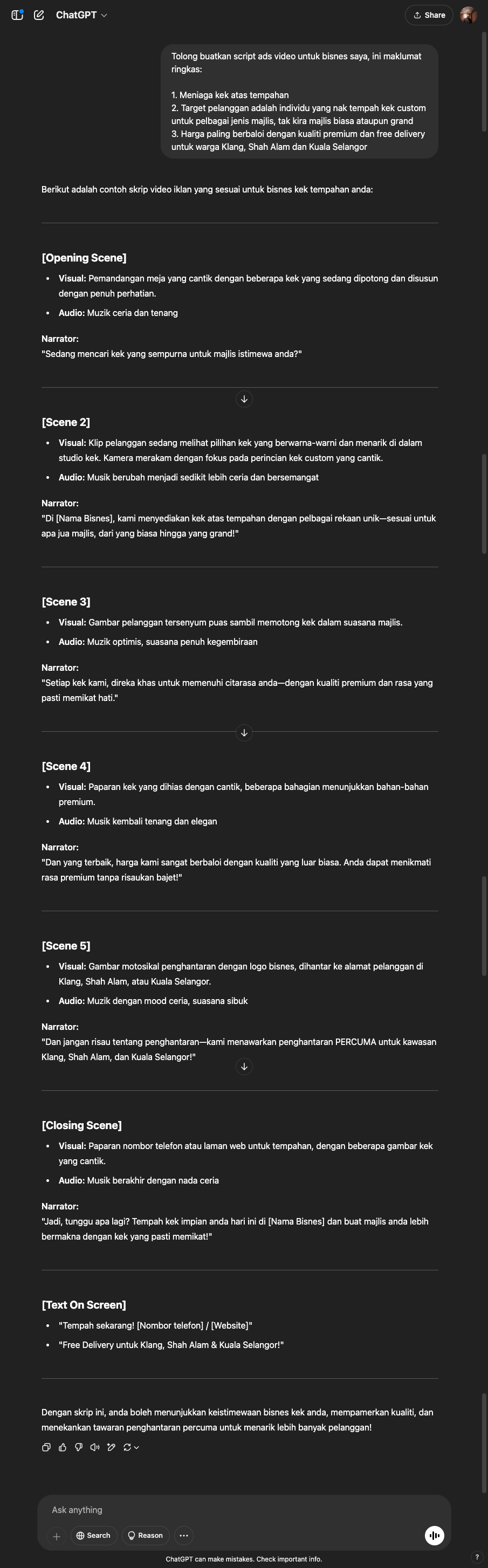 Output dari ChatGPT Biasa untuk task Haslam - Script Writer