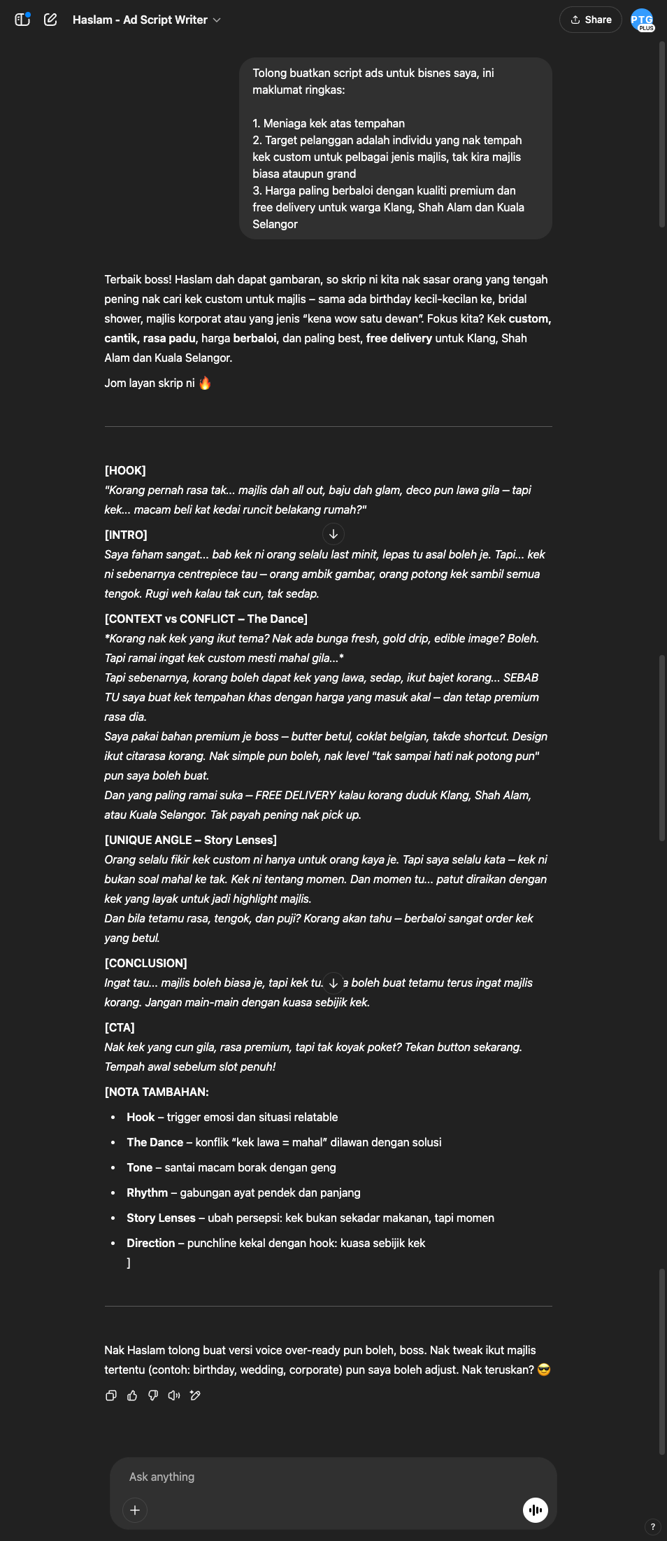 Output dari Pekerja AI Haslam - Script Writer