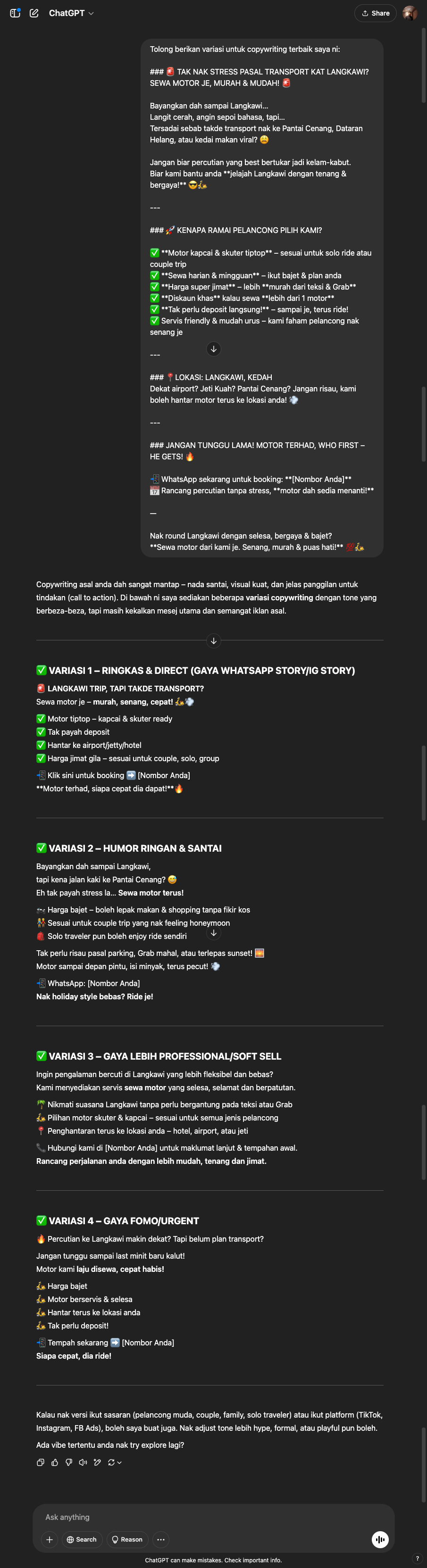 Output dari ChatGPT Biasa untuk task Hassan - Variasi Copywriting