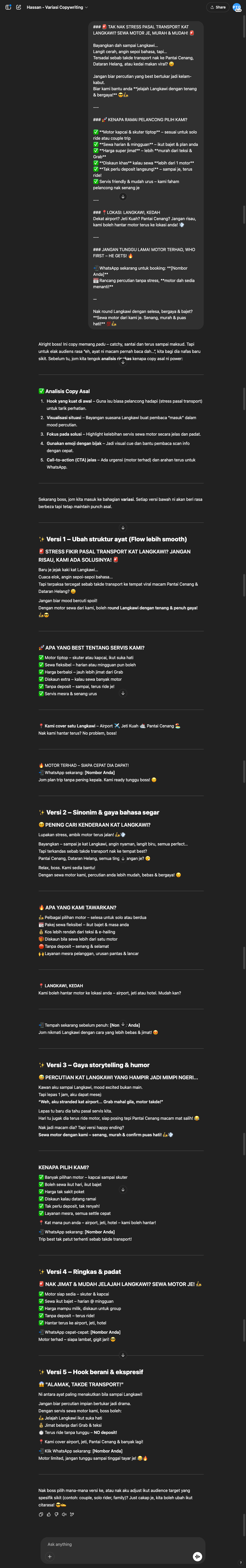 Output dari Pekerja AI Hassan - Variasi Copywriting