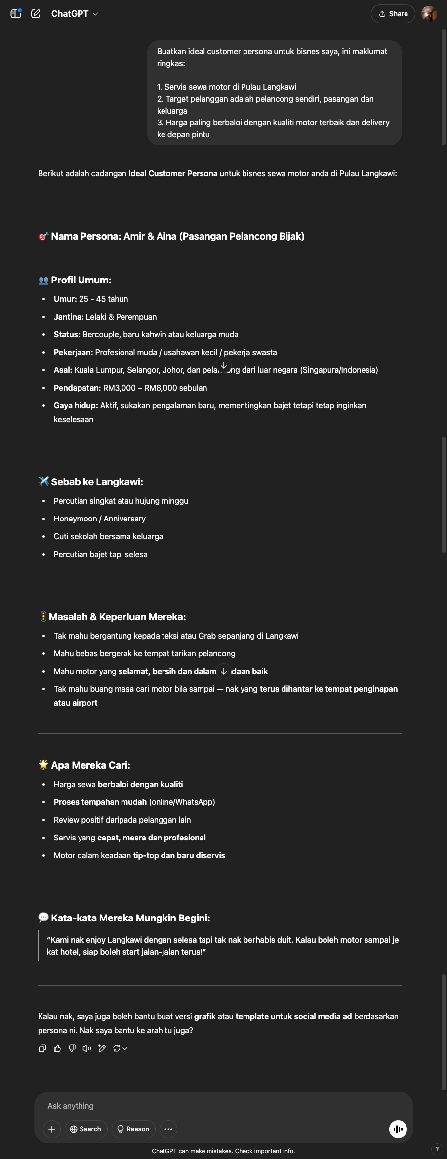 Output dari ChatGPT Biasa untuk task Karim - Ideal Customer Persona