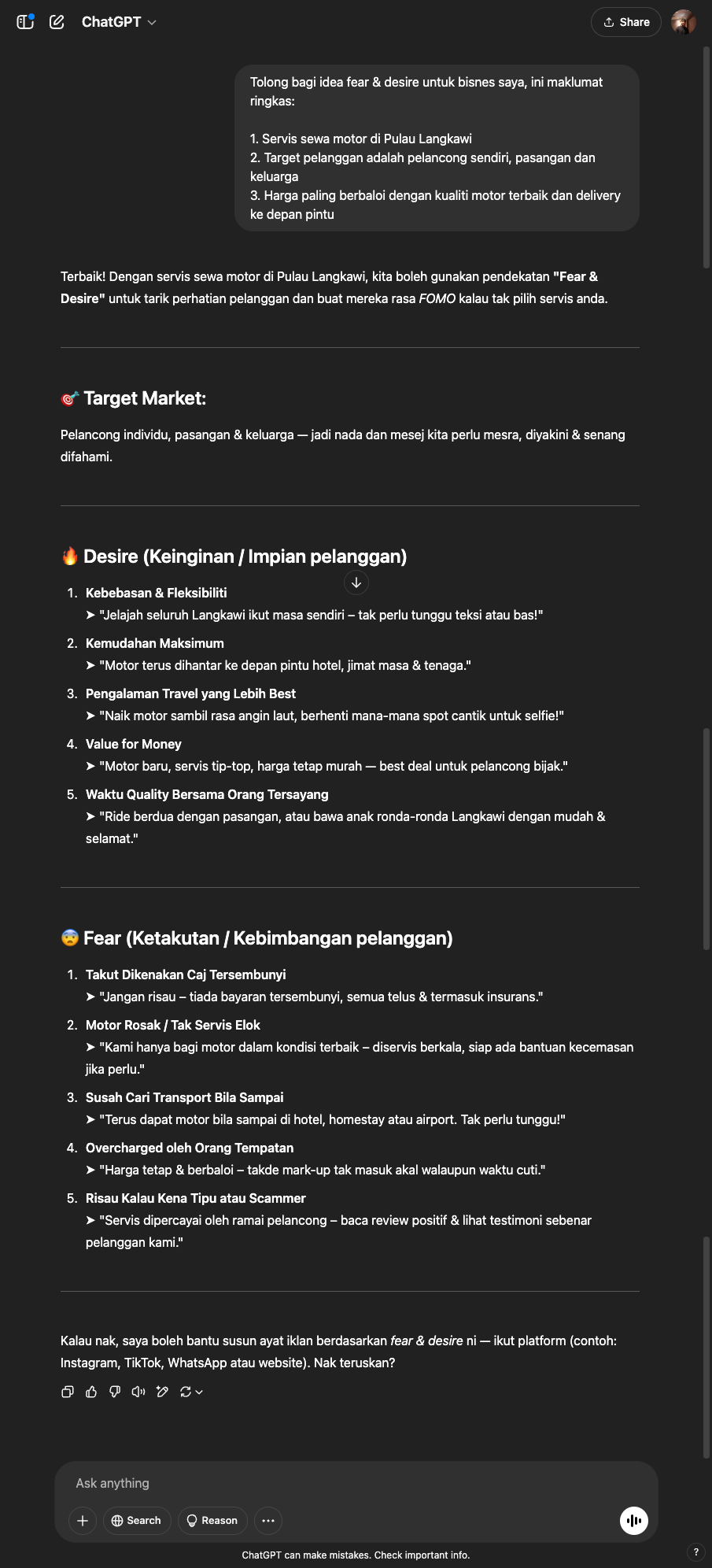 Output dari ChatGPT Biasa untuk task Lina - Fear & Desire