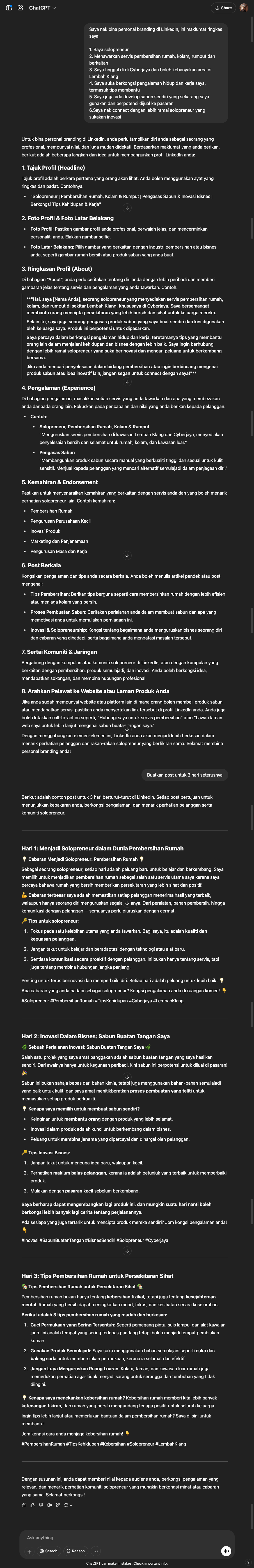 Output dari ChatGPT Biasa untuk task Luqman - LinkedIn Personal Branding
