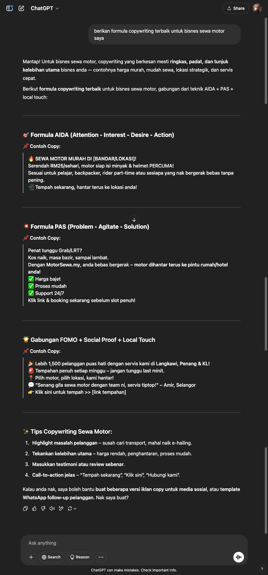 Output dari ChatGPT Biasa untuk task Siti - Formula Copywriting