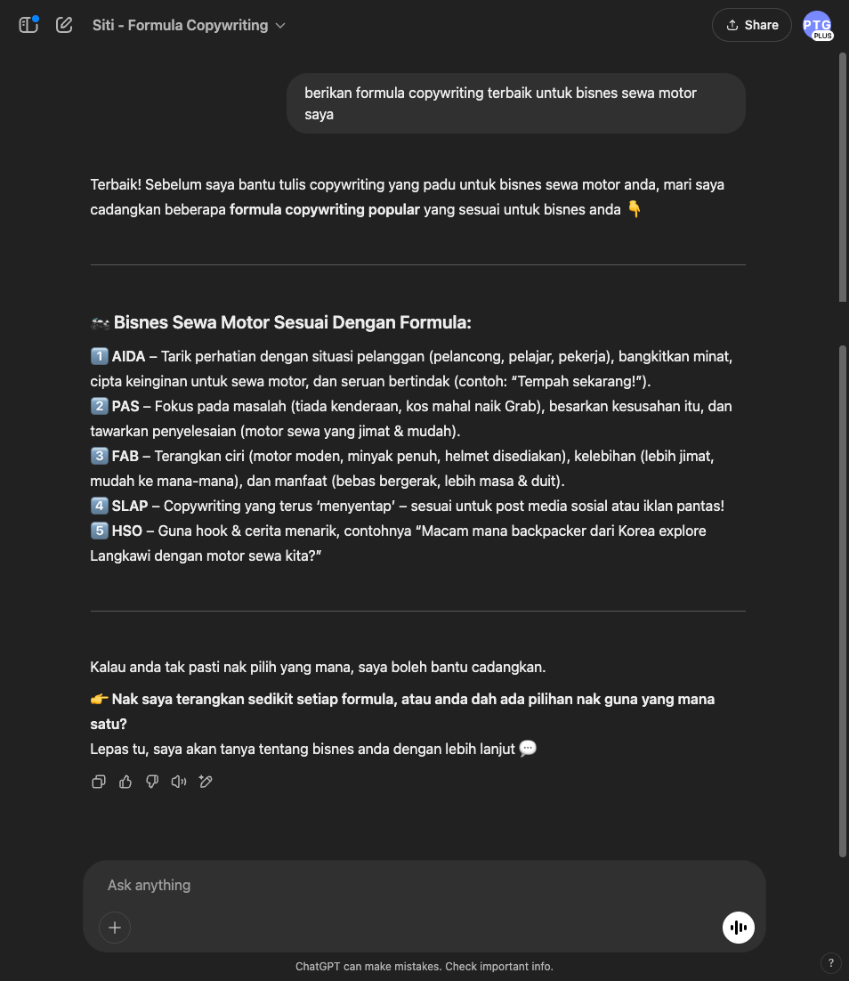 Output dari Pekerja AI Siti - Formula Copywriting